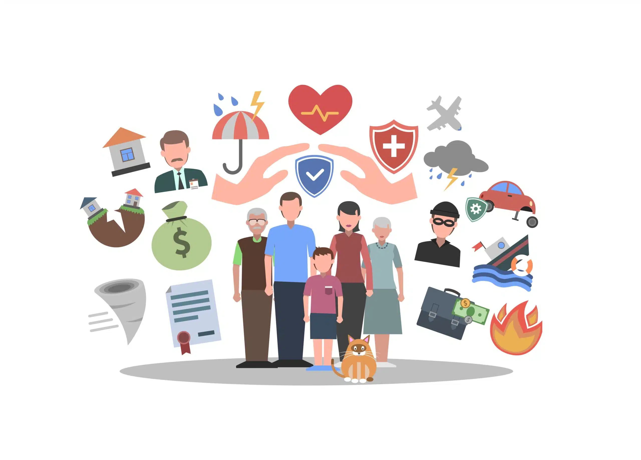 Insurance concept with human hands and accident protection symbols flat vector illustration