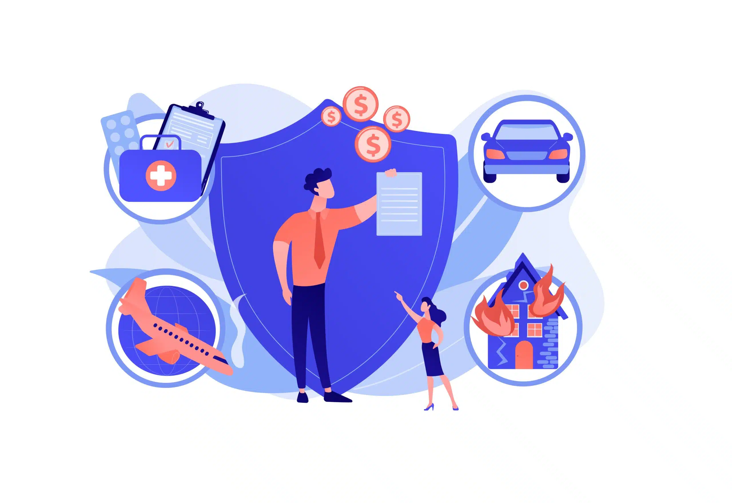 Private property, transport and life protection. Insurance broker, insurance brokerage services, insurance agent near you concept. Pink coral blue vector isolated illustration